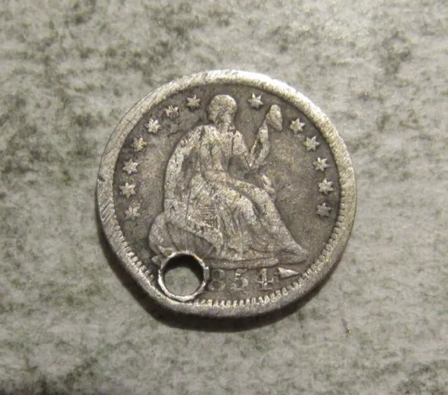 1854p Silver Liberty Seated Half Dime, Holed