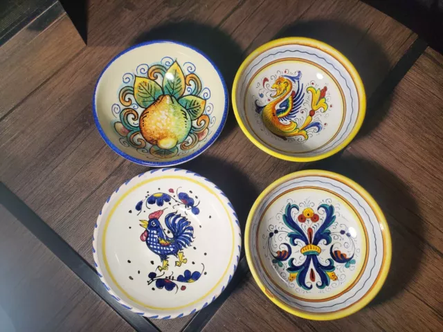 Set Of 4 Deruta Italian Hand Painted Pottery Bowls 6” Italy