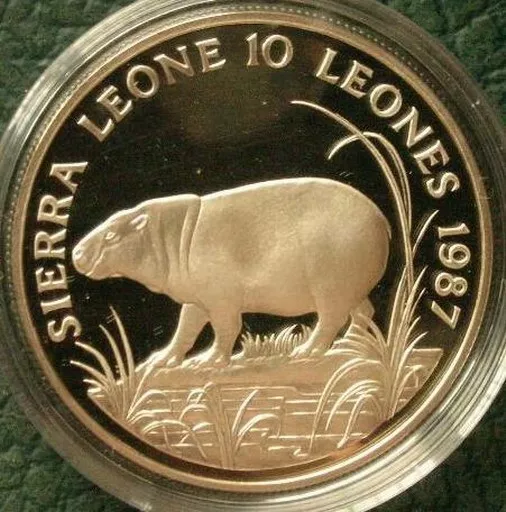 Sierra Leone 1987 Pygmy Hipp 10 Leone Silver Coin,Proof