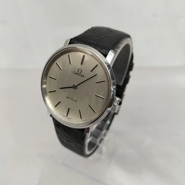 Omega De Ville St.Steel Silver Round Black belt Manual Winding Mens Watch Auth