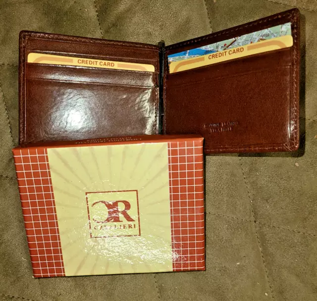 Cavalieri Mens Italian Leather brown Wallet with money clip 4.25x3 "