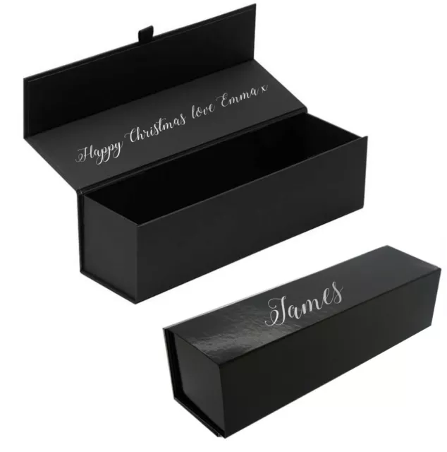 Personalised black wine bottle box silver foil name christmas birthday gift