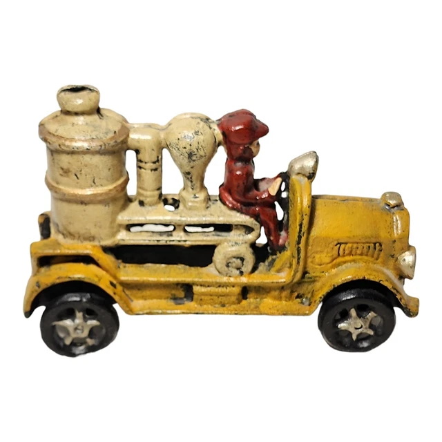 VINTAGE ANTIQUE CAST Iron Fire Truck Engine Vehicle Yellow with Fireman