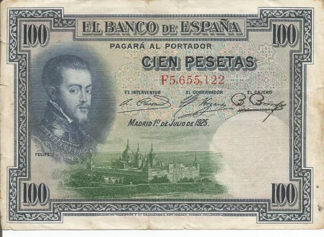 SPAIN 1925 100 PESETAS NOTE Cien Banco De Espana CIR Banknote # 6