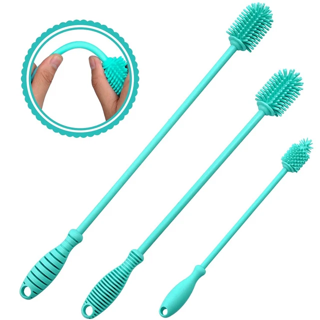 Silicone Bottle Brush Cleaner Set of 3，Long Handle Bottle Cleaning Brushes Blue
