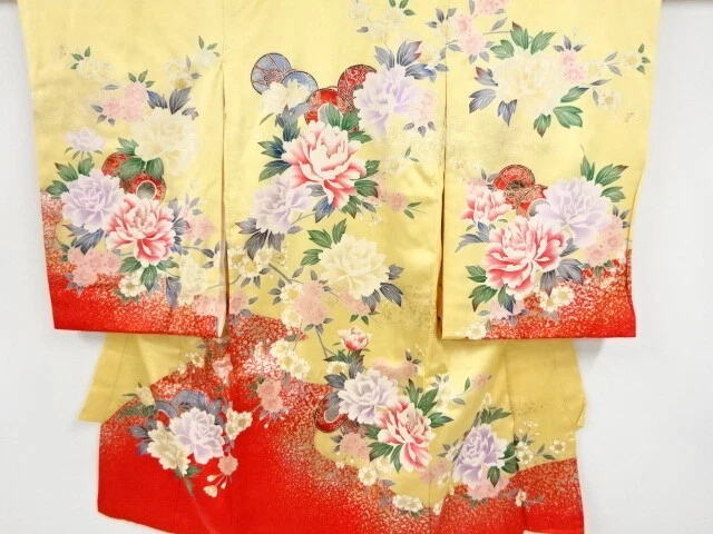 44751# Japanese Kimono / Antique Kimono For Girls / Peony & Sakura With Drum