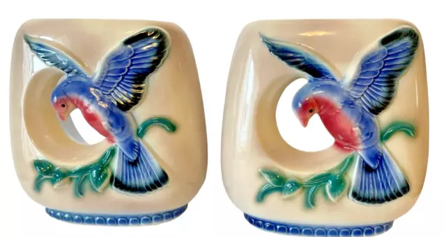Mid Century Royal Copley Vase Blue Birds Parrot Ceramic Hand Painted 7"  Pair