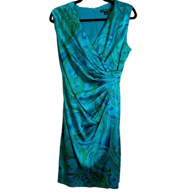 Lauren Ralph Lauren Teal Paisley Size 8 Satin Faux Wrap Formal Cocktail Dress