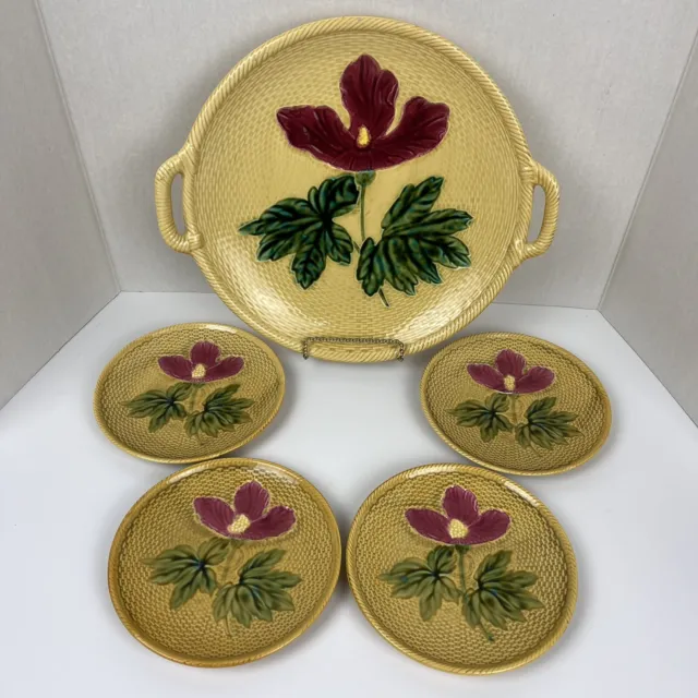 4 Zell Majolica Red Hibiscus Flower Yellow Basket Weave Plates & 1 Platter (M26)