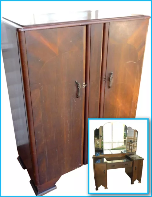 1930's Bedroom Set - Wardrobe & Dressing Table - Vintage Antique Collectable