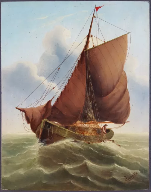 Ancien Tableau "Voilier en Mer" Peinture Huile Antique Old Painting Ölgemälde