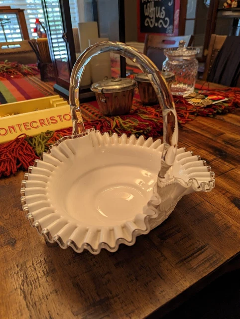 Vintage FENTON Glass Silver Crest 10 1/2" Basket w/Spanish Lace Design