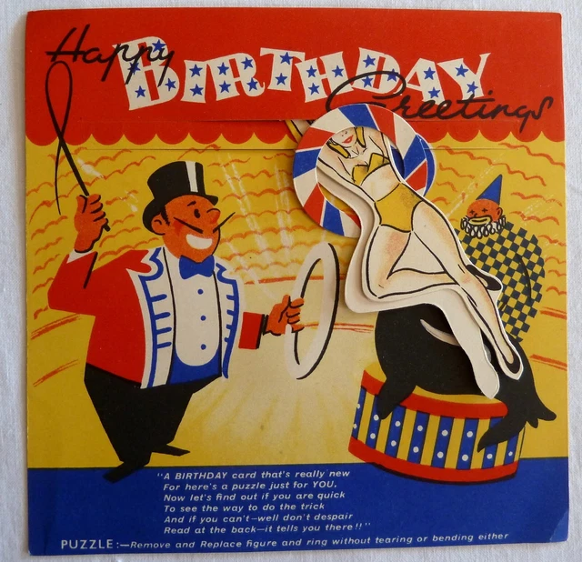VINTAGE MIA HAPPY BIRTHDAY GREETINGS PUZZLE CARD  x 3 Unused. Seal, Clown, Girl