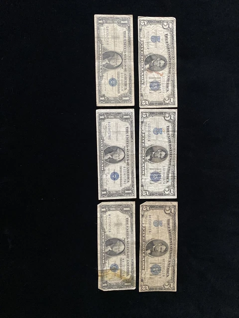 ✯RARE✯ Lot Pair $1 1935-1957, $5 1934 Blue Seal Silver Certificate Note Old Bill 7
