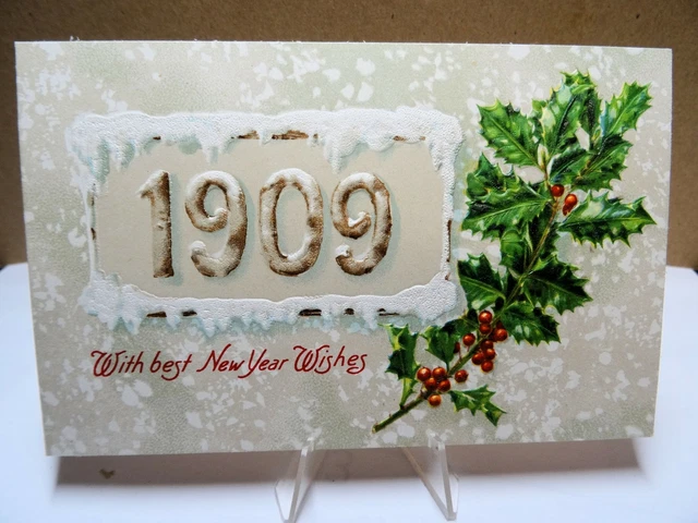 With Best New Year Wishes Snow and Holly Postcard 1909