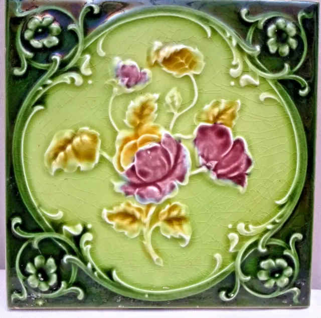 Antique Tile Majolica Art Nouveau England Rose Purple Architecture Floral #120 2