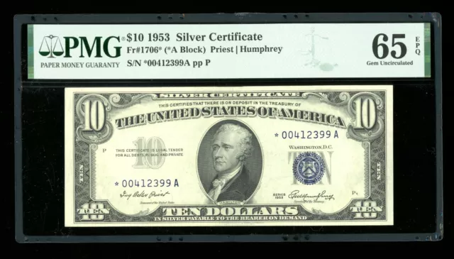DBR 1953 $10 Silver STAR Gem Fr. 1706* PMG 65 EPQ Serial *00412399A