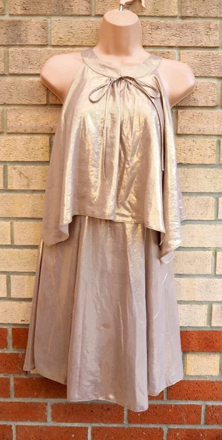 Mini Abito River Island Oro Metallizzato Beige Strato Volant Festa Slip Smock 8 10 S