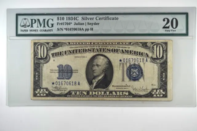 $10 1934-C Silver Certificate Star Note FR. 1704 Julian/Snyder PMG 20 Very Fine