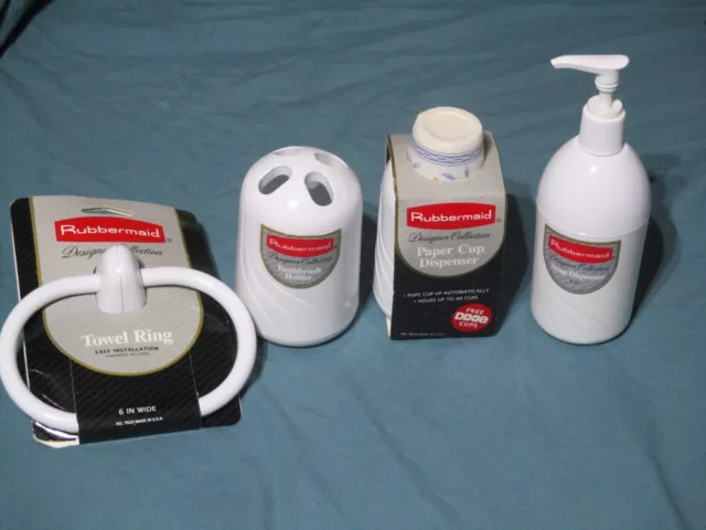 Vintage NOS Rubbermaid Bathroom Set WHITE Soap Dispenser Cup Holder Toothbrush +
