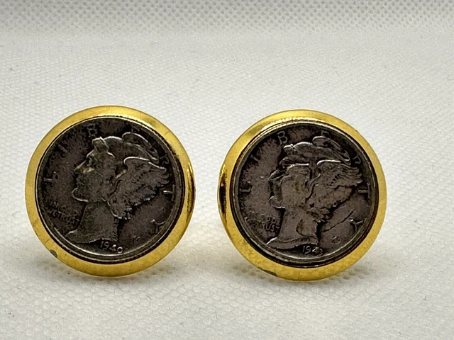 1940-1943 Mercury Dimes Winged Liberty Head - Gold Tone - Cuff Links Vintage