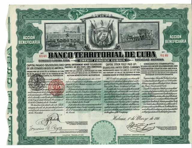 Banco Territorial - Habana 1911 - Accion Beneficiaria Banco Territorial - Habana 1911 - Accion Beneficiaria