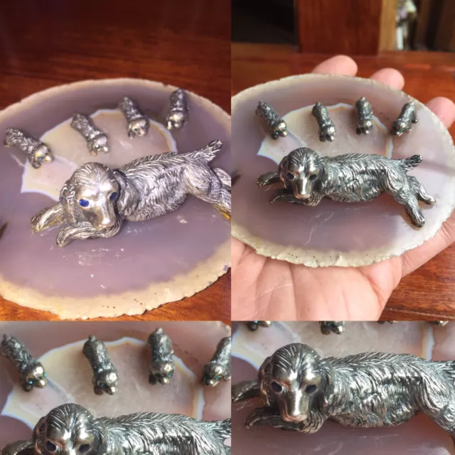 Vintage novelty Italian Solid Silver Cocker Spaniel Dog 4 Puppie Figure On Agate 3