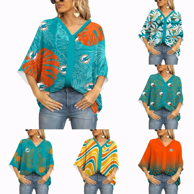 Miami Dolphins Women’s Deep V Neck Blouse Summer Loose Batwing Sleeve Shirt Tops