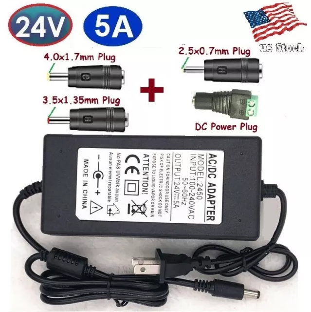 24V 5A 120W AC/DC Adapter Power Supply for Home Electronics + 4 Power Plug Tips