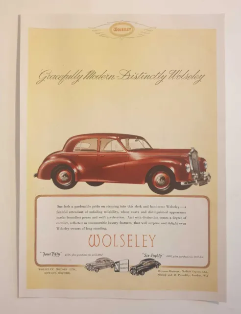 WOLSELEY Gracefully Modern, Original 1949 Car Motoring Advert