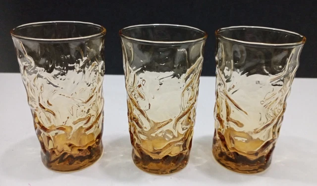 3 Vintage amber yellow Juice Glasses Libbey Lido Milano lava Crinkle Tumbler