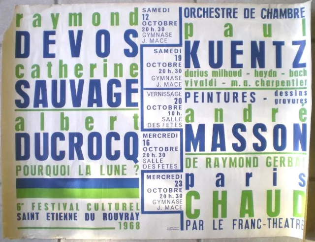 Affiche Ancienne 6Ème Festival St Étienne De Rouvray 1968 Devos André Masson