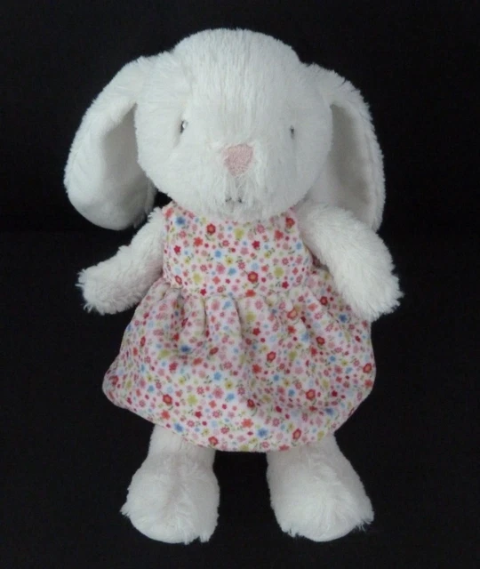 T8. DOUDOU PELUCHE POMMETTE LAPIN blanc rose robe fleur 26cm - EXCELLENT ETAT