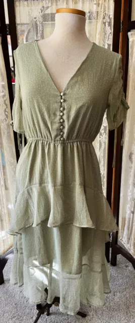 Nasty Gal  Neon Rose  Sage  V-Neck Tiered  Chiffon Midi Dress Sz M Sassy!!  NWT