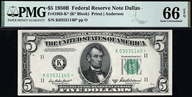 1950b* $5 Dallas STAR Federal Reserve Note FRN • PMG 66 EPQ • Fr.1963-K*