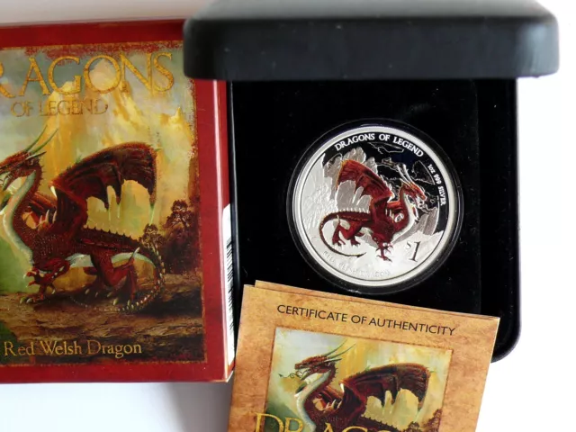 Tuvalu 1 Dollar 2012 Dragons of Legend - Read Welsh Dragon, 1 Oz, PP