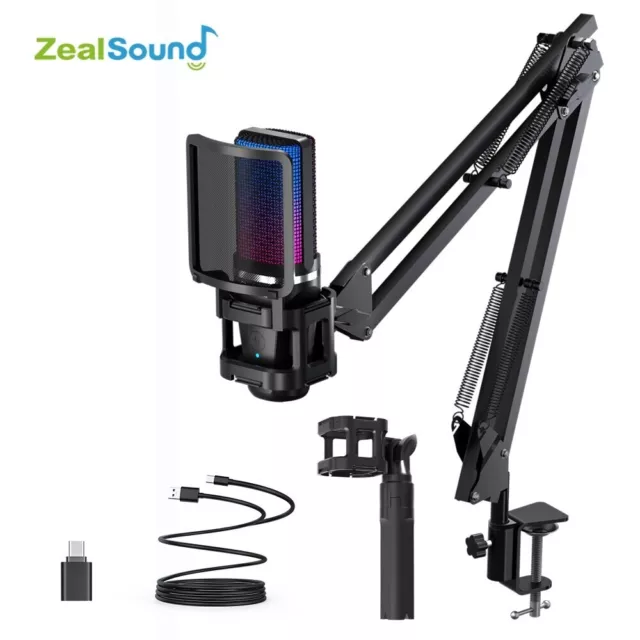 Zealsound-Microphone statique RVB avec bras articulé, micro à condensateur USB a