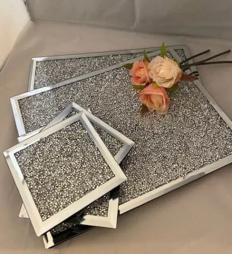 Crushed Diamond Crystal Mirrored Glass Placemat Coasters set table organization