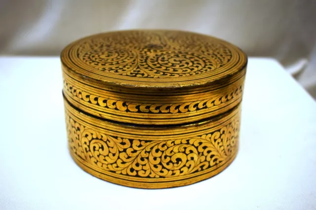 Antique Burmese Betel Nut Box Gilt Lacquerware Myanmar Floral Gold Painted Old"4