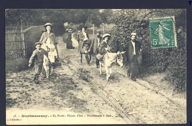 cpa de 1911 MONTMORENCY Val d'Oise Plaisir d'été en Forêt PROMENADE à ÂNE Animés