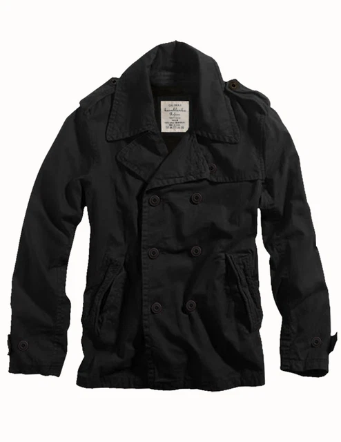 Mens Cali Holi Double Breasted Distressed Long Twill Trench Coat Black 155016
