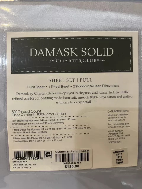 Damask Solid By Charter Club Sheet Set/Full  100% Pima Cotton 2