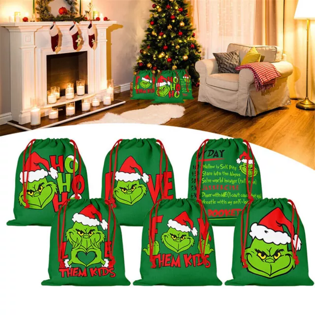 Large Christmas Hessian Green Grinch* Sack Drawstring Bag Xmas Present Gift Bags