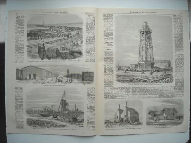 1860 Engraving. Work In Progress At Port-Said For Drilling The Isthmus Of Suez