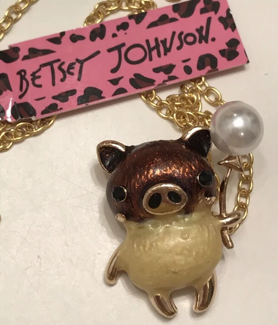 Betsey Johnson Rare Alloy Brown Enamel Crystal Pig Pendant Necklace Brooch NWT