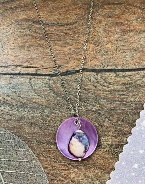 NEW handmade purple textured shell shells silver colour bohemian hippy necklace