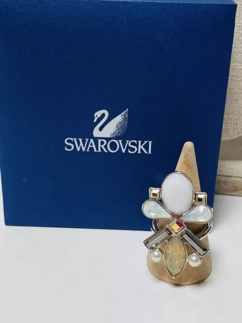 Swarovski Ring Size 55 7 Crystal Pearl White Champagne Silver Statement Floral