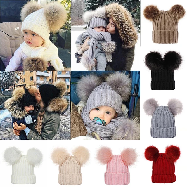 Pullover Cappello Doppio Pelliccia Pompon Maglia con Pon Berretto Capelli Sfe ♪