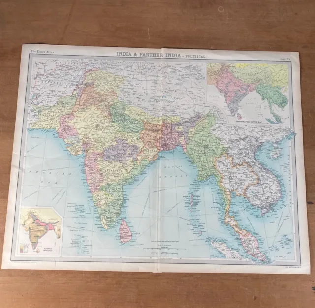 India & Farther India  from  "The Times Atlas" 1922 - Original 100 year old map