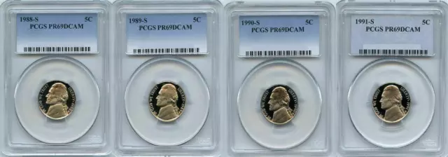 1988 to 1991 Jefferson Nickel Set - PCGS PR69DCAM   - 4 coins set